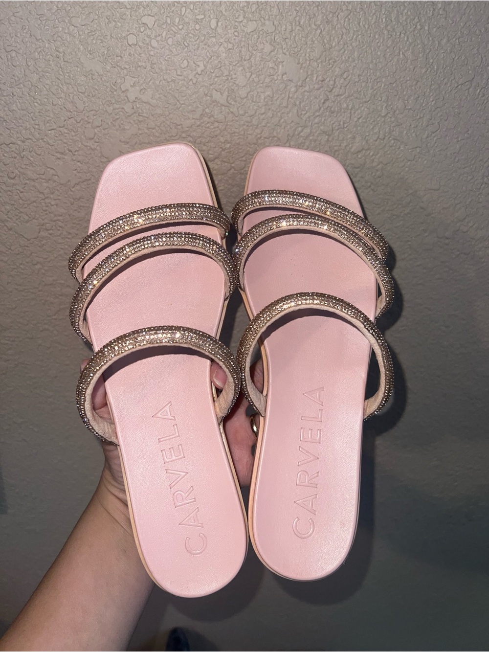 Carvella Light Pink Rhinestone Slip on Sandals